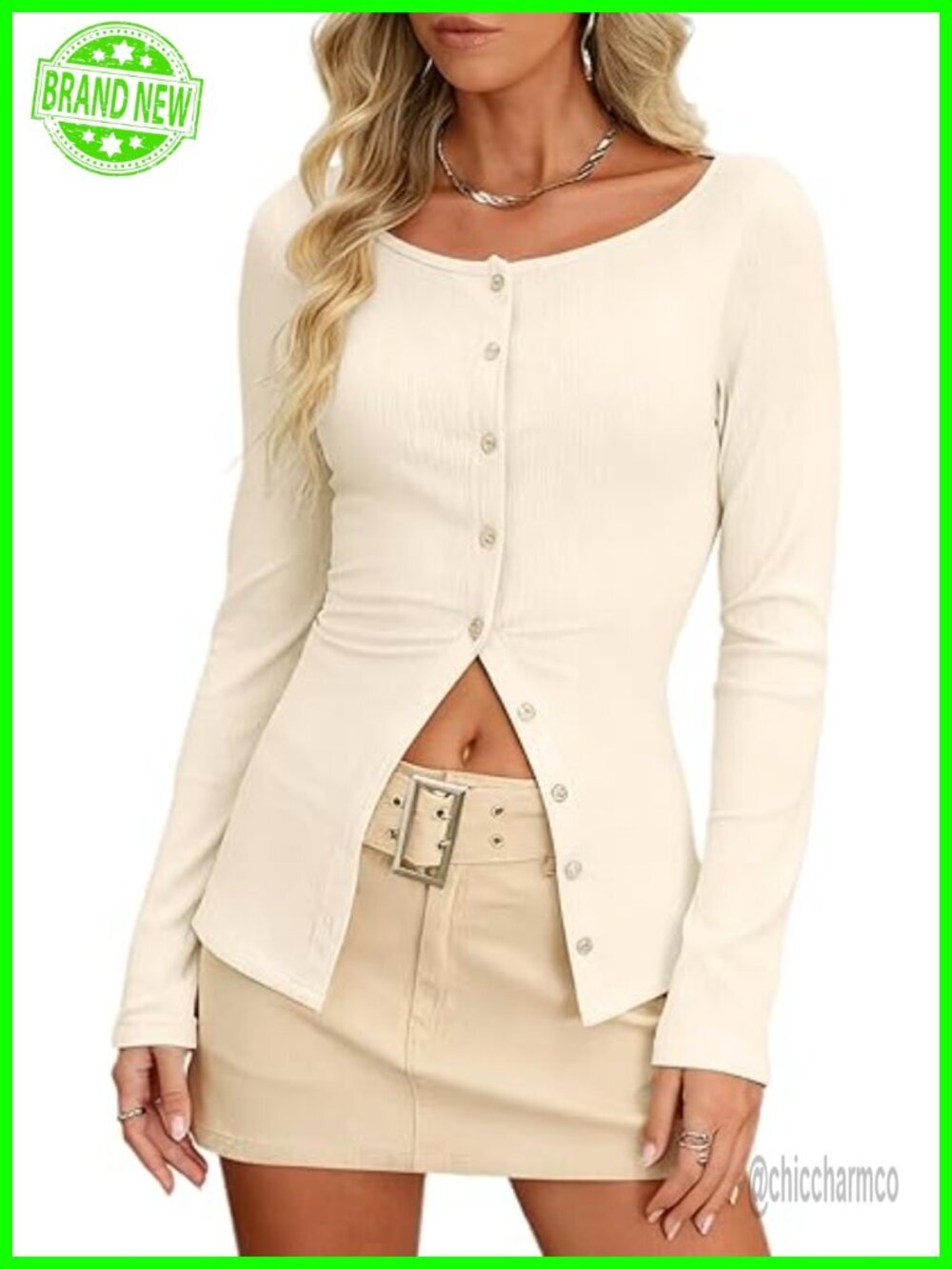 Ribbed Knit Button Up Long Sleeve Tie Back Y2K Going Out Top